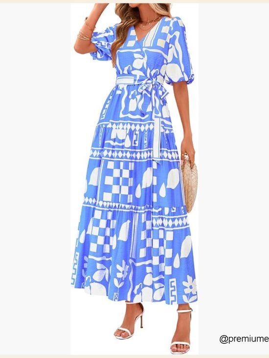 Dresses & Skirts - Summer Maxi Dress Boho Floral V Neck Puff Sleeve Ruffle Beach Resort